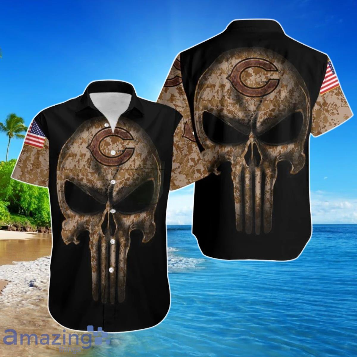 Camouflage Skull Chicago Bears American Flag Hawaiian Shirt For Men Women Product Photo 1