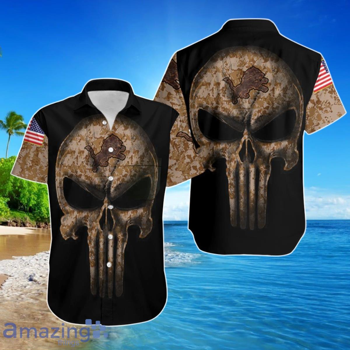 Camouflage Skull Detroit Lions American Flag Hawaiian Shirt For Men Women Product Photo 1