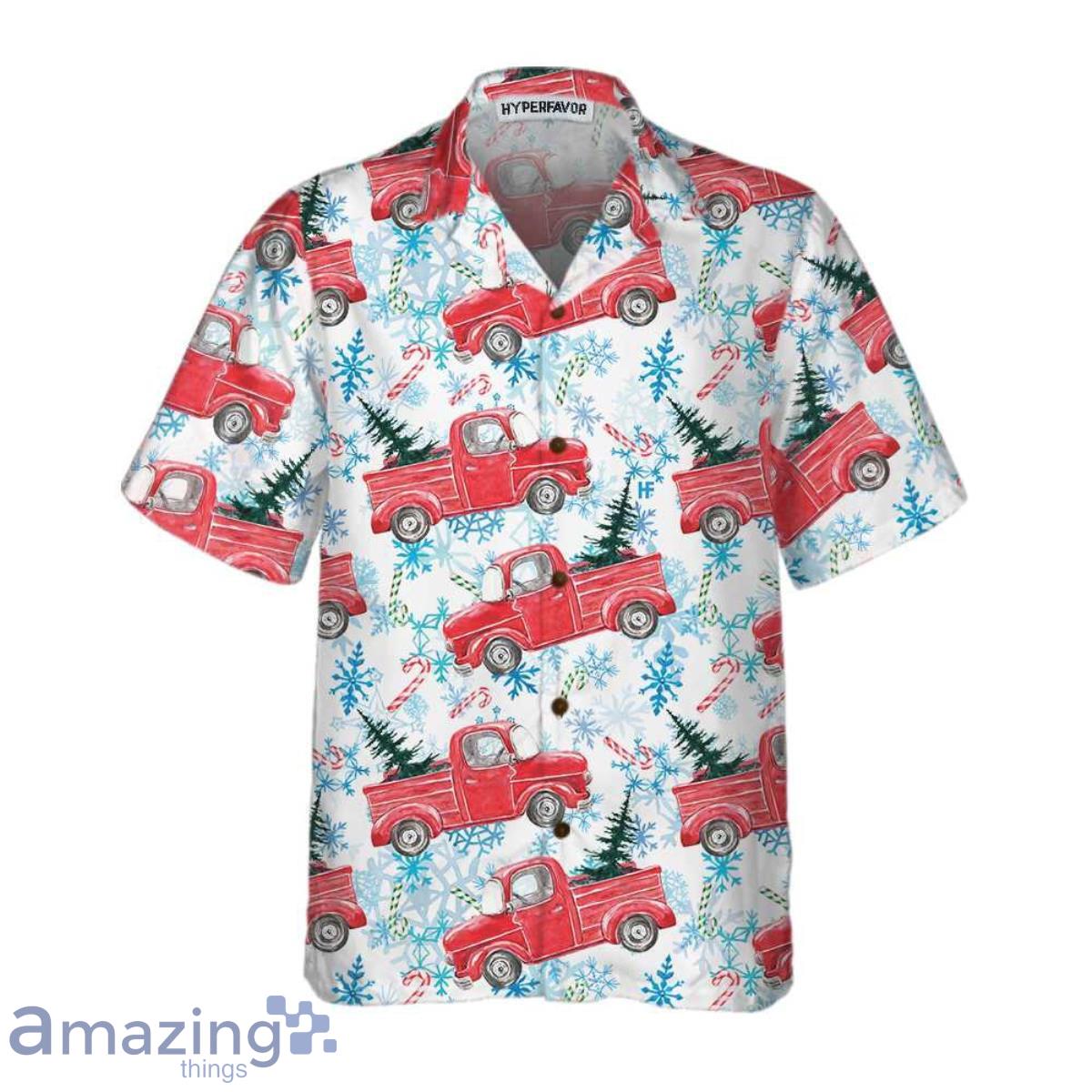 Christmas Red Retro Truck With Candy Cane Hawaiian Shirt Gift For Men And Women image Christmas Red Retro Truck With Candy Cane Hawaiian Shirt Gift For Men And Women Product Photo 3