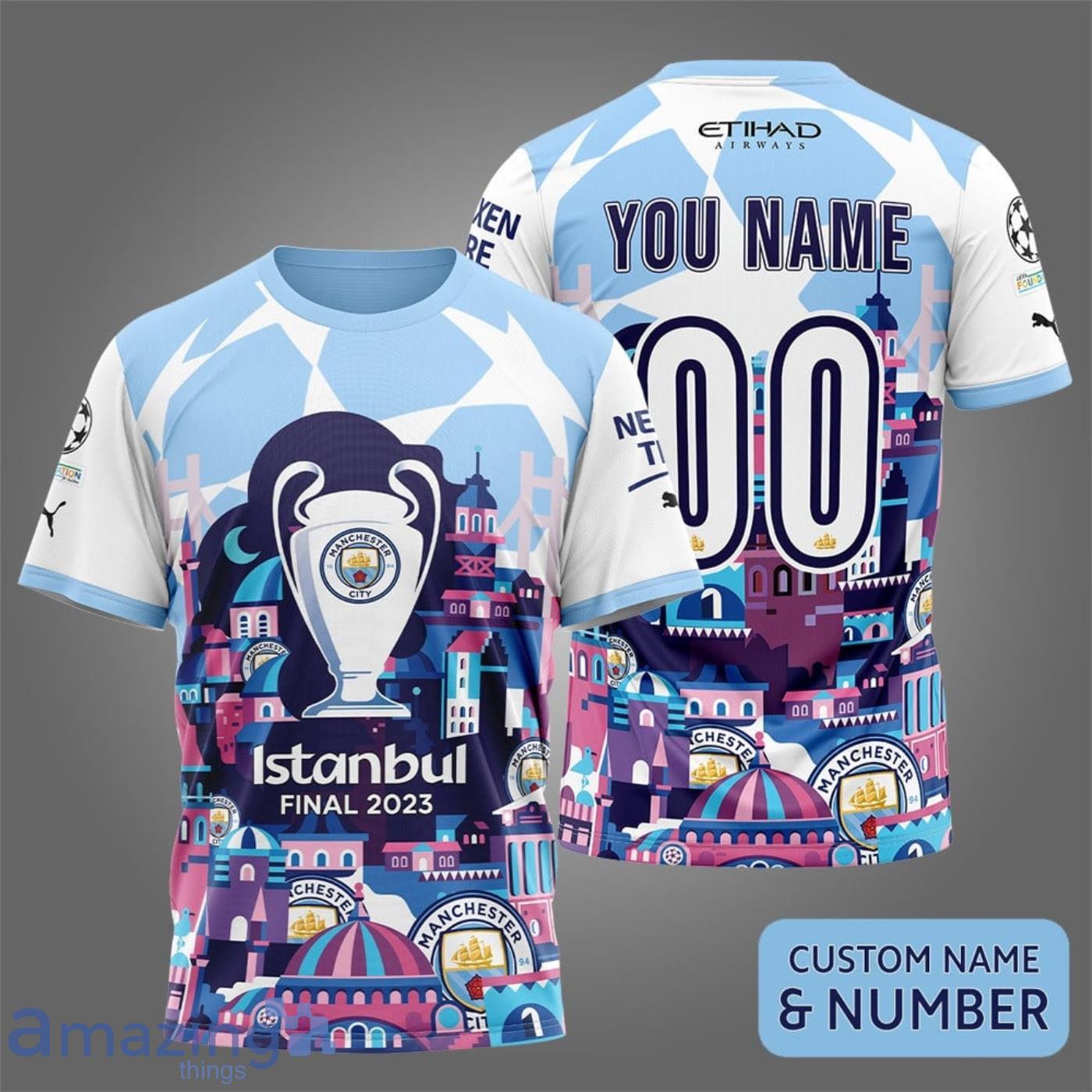 Custom Name And Number Manchester City Champions League 2023 Colorful Pattern Print 3D T-Shirt Product Photo 1