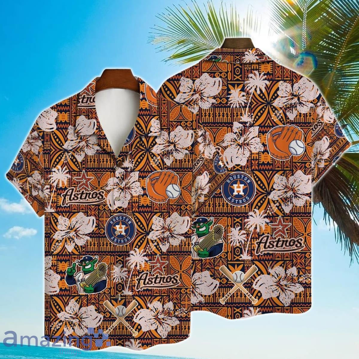 Houston Astros Green Leaf Hibiscus Flower Pattern Hawaiian Shirt