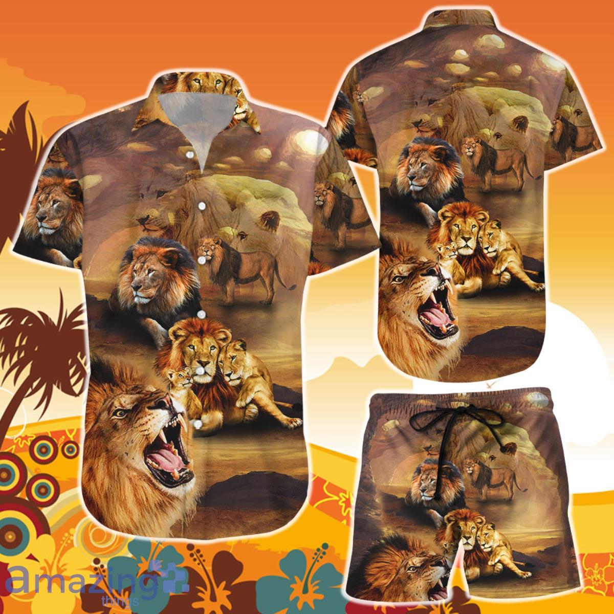 Lion Print Shirt Vintage Lion Family At Sunset HawaiianShirt and Short Gift For Lion Lovers Product Photo 1