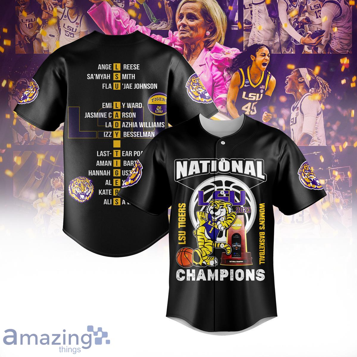 LSU Tigers 2023 NCAA Women’s Basketball National Champions Black Baseball Jersey Product Photo 1