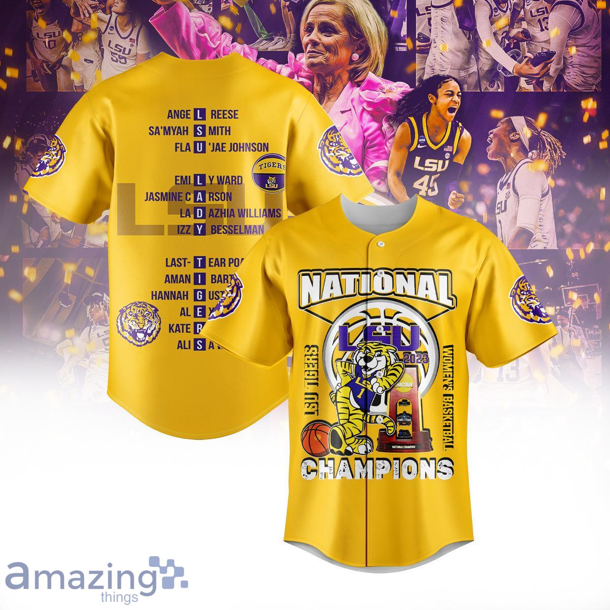 LSU Tigers 2023 NCAA Women’s Basketball National Champions Yellow Baseball Jersey Product Photo 1