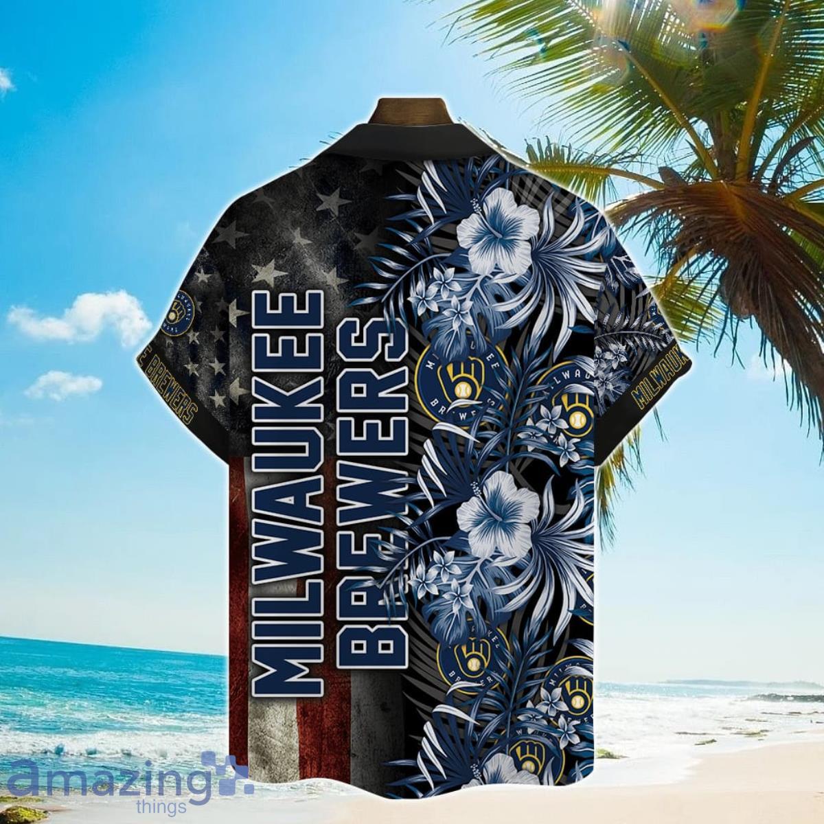 2023 Milwaukee Brewers Flower And Palm Trees Hawaiian Shirt For