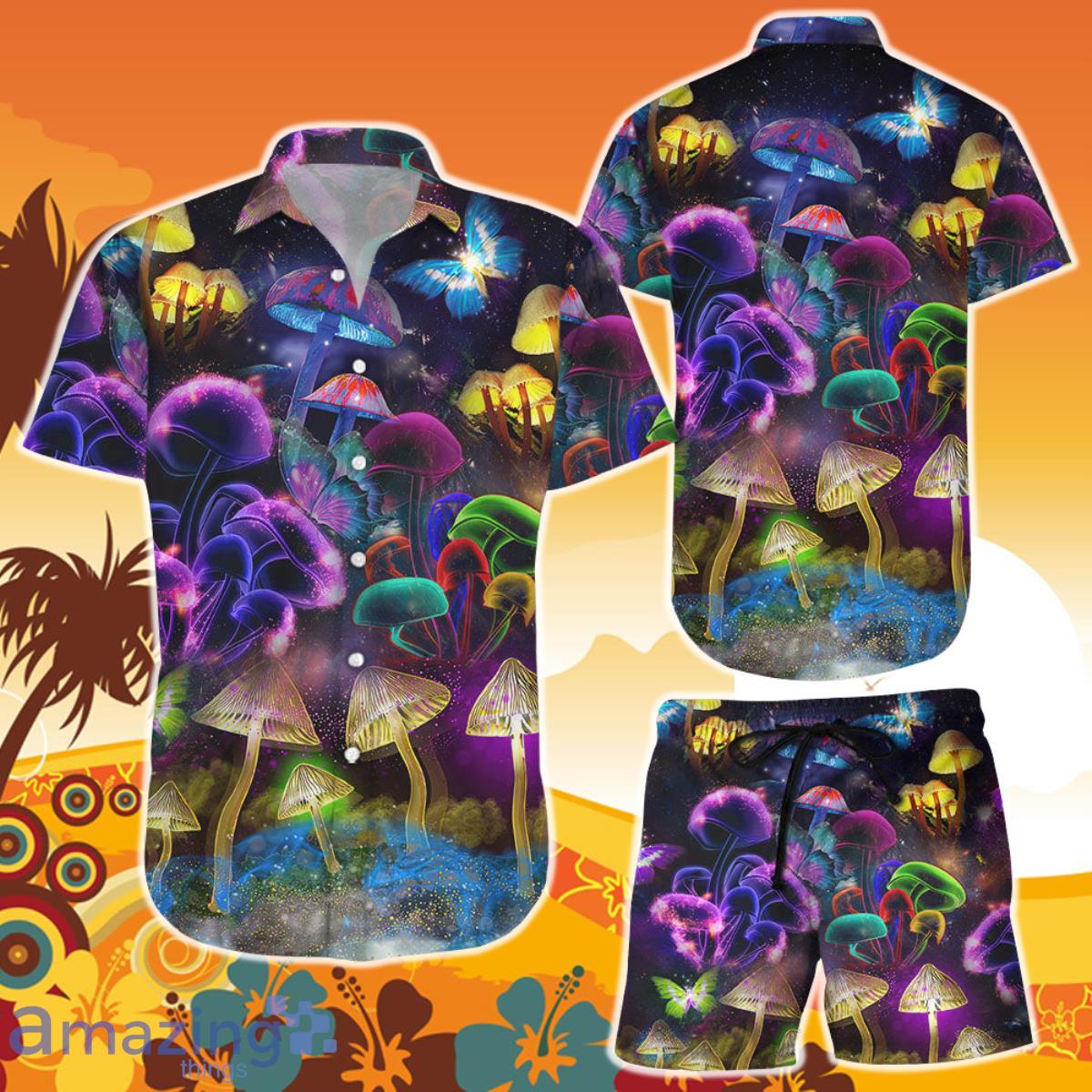 Mushroom Neon Light Butterfly Aloha Hawaii Shirt and Short Summer Holiday Presents Product Photo 1
