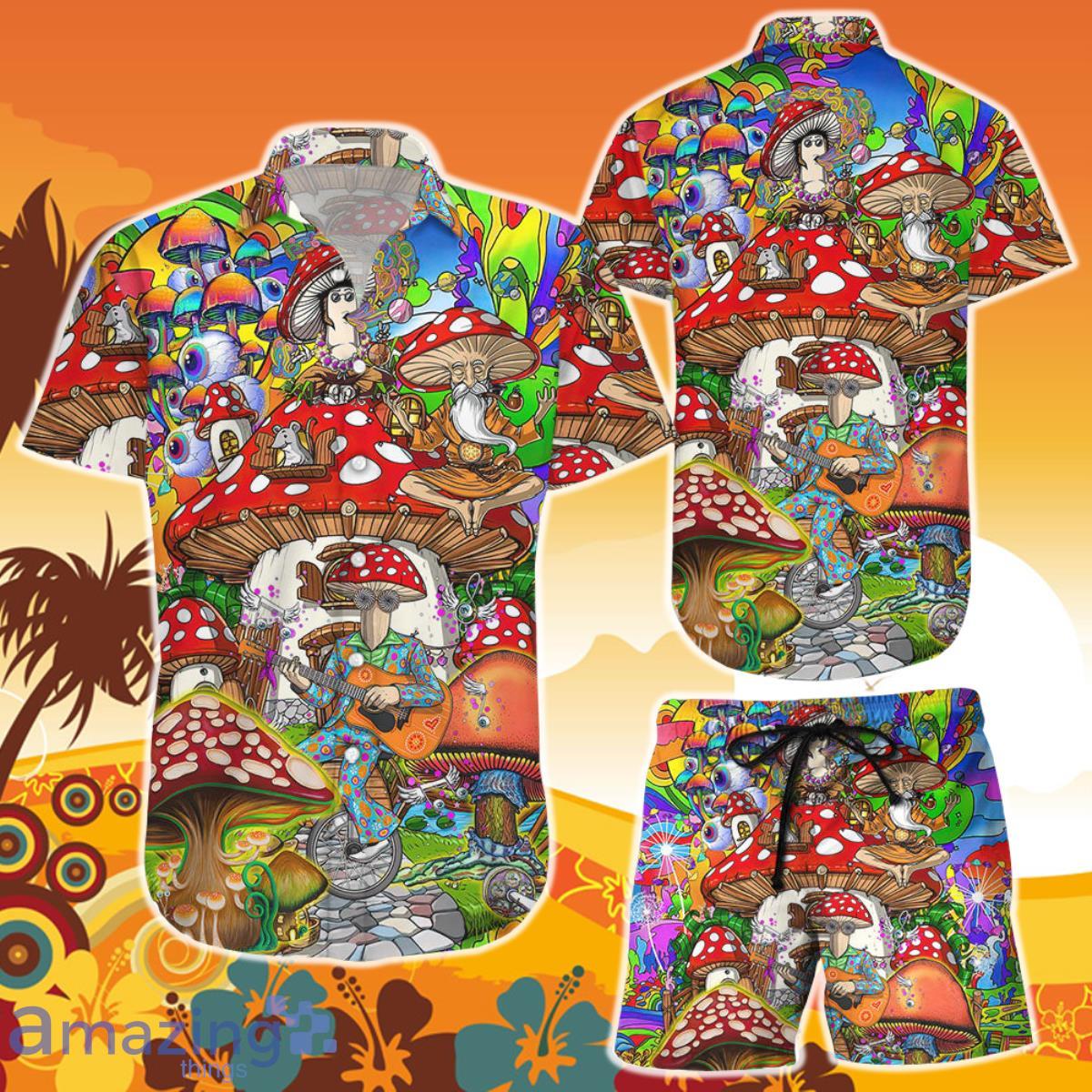 Mushrooms Hawaiian Shirt Guitar Hippie Mushrooms House Colorful Hawaii Shirt and Short Product Photo 1