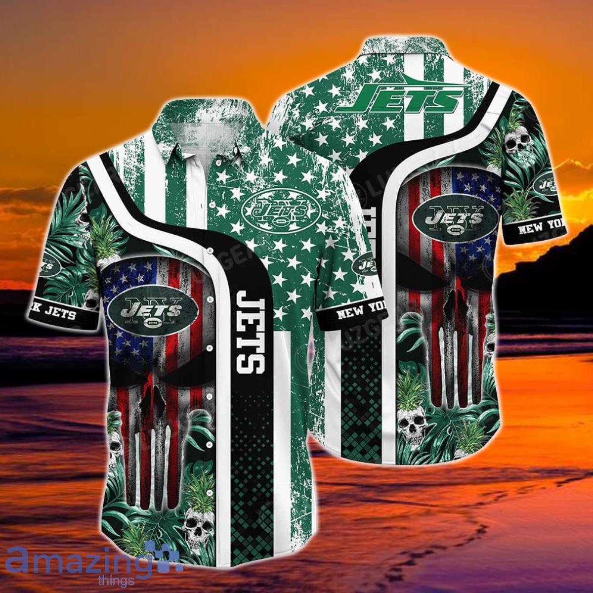 New York Jets NFL Hawaiian Shirt Graphic Tropical Pattern Skull Punisher 3D Printed Best Gift For Fans Product Photo 1 New York Jets NFL Hawaiian Shirt Graphic Tropical Pattern Skull Punisher 3D Printed Best Gift For Fans Product Photo 1