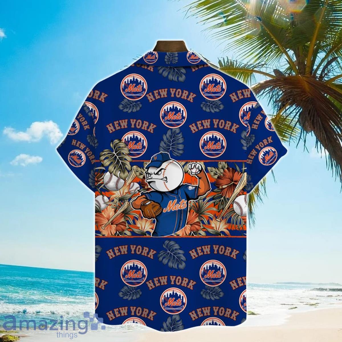 New York Mets Mascot And Leaves Tropical Pattern Hawaiian Shirt For Fans image New York Mets Mascot And Leaves Tropical Pattern Hawaiian Shirt For Fans Product Photo 3