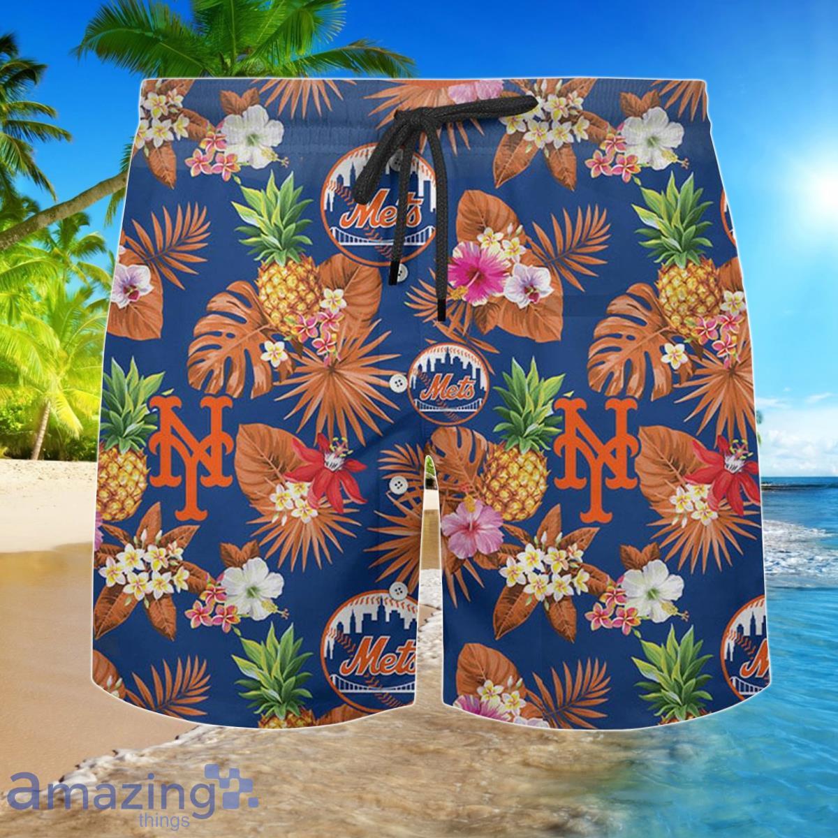 NY Mets Pineapple Tropical Flower Summer Set Hawaiian Shirt And Shorts