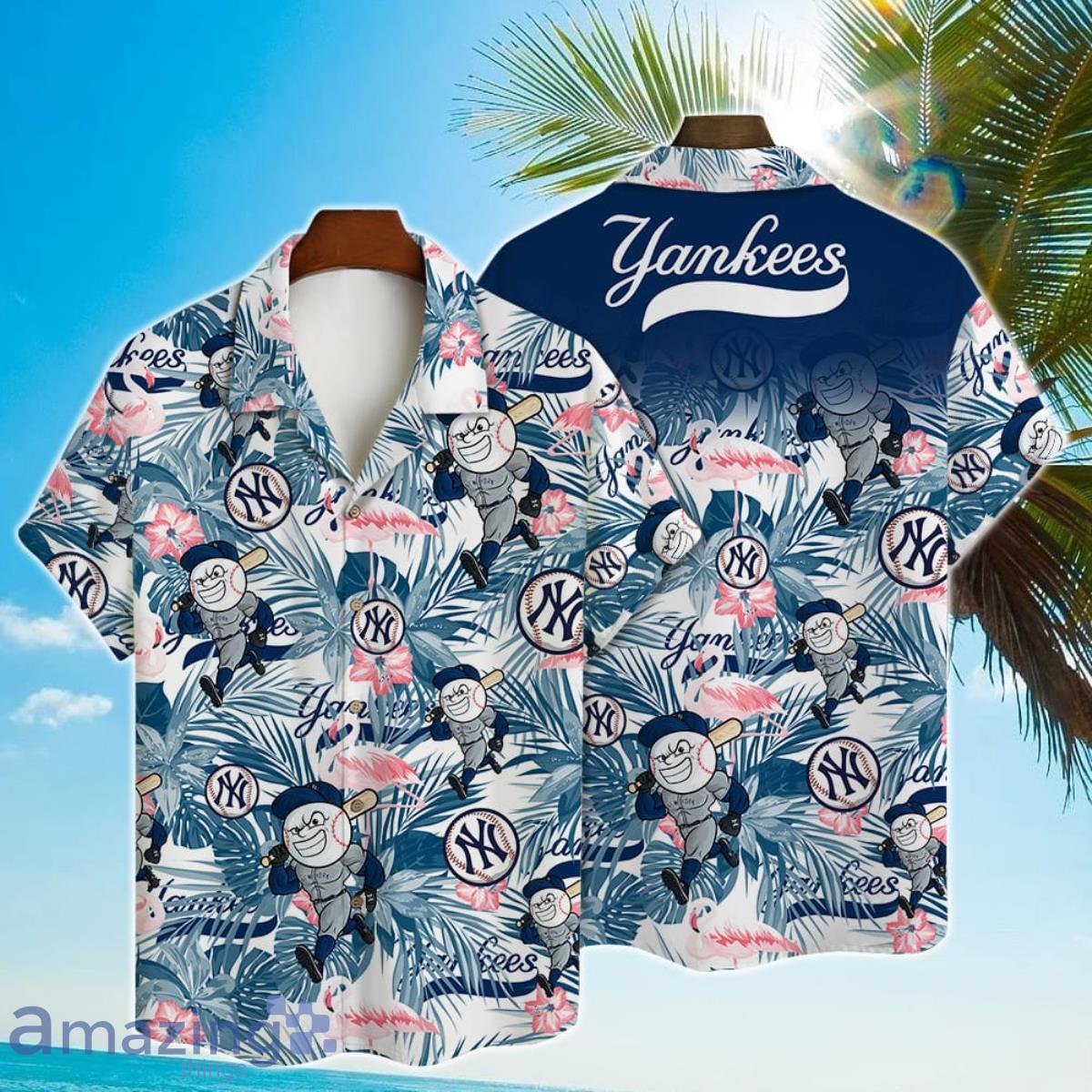 New York Yankees Major League Baseball Mascot And Hibiscus Pattern 3D Print  Hawaiian Shirt For Fans