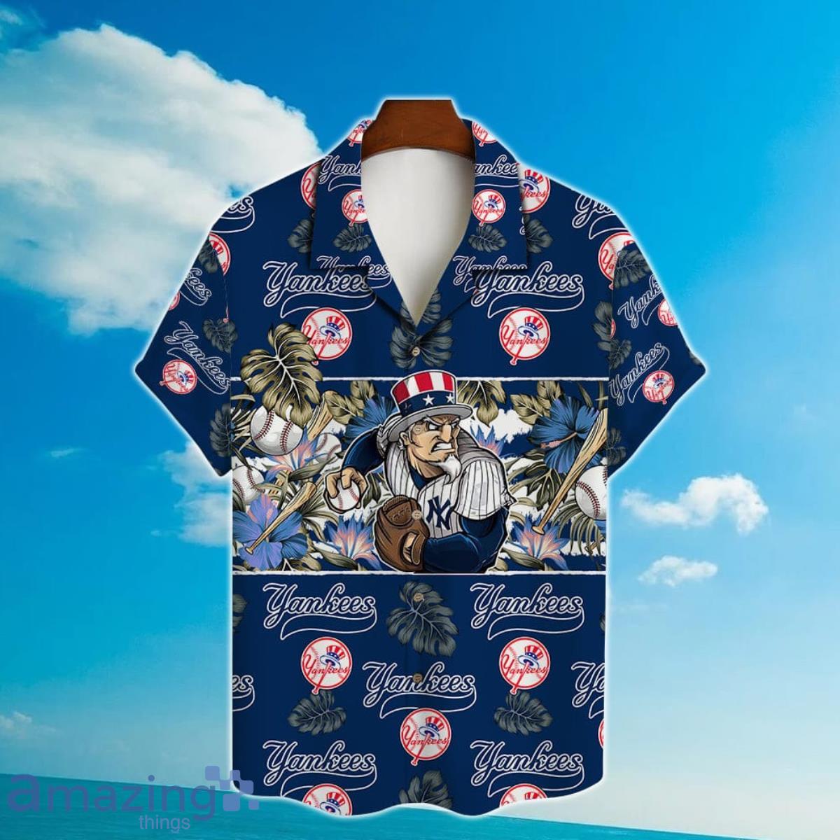 New York Yankees Mascot And Leaves Tropical Pattern Hawaiian Shirt For Fans image New York Yankees Mascot And Leaves Tropical Pattern Hawaiian Shirt For Fans Product Photo 2