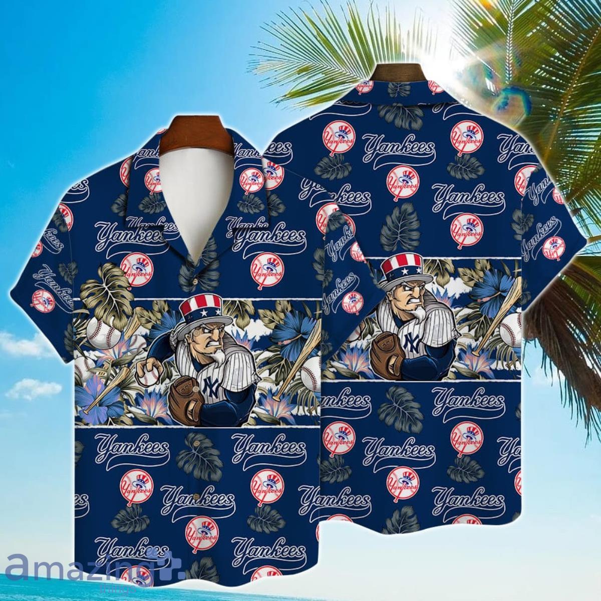 New York Yankees Mascot And Leaves Tropical Pattern Hawaiian Shirt For Fans Product Photo 1