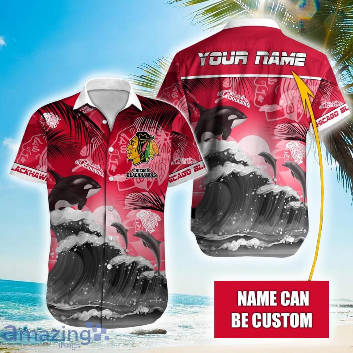 NHL Chicago Blackhawks Orca And Waves Hawaiian Shirt Custom Name Product Photo 1