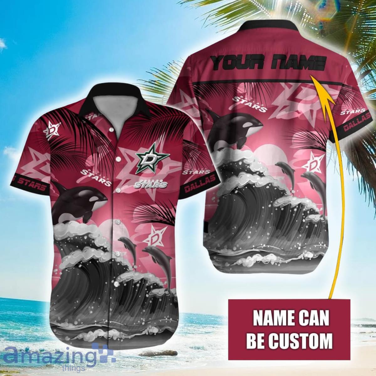 NHL Dallas Stars Orca And Waves Hawaiian Shirt Custom Name Product Photo 1