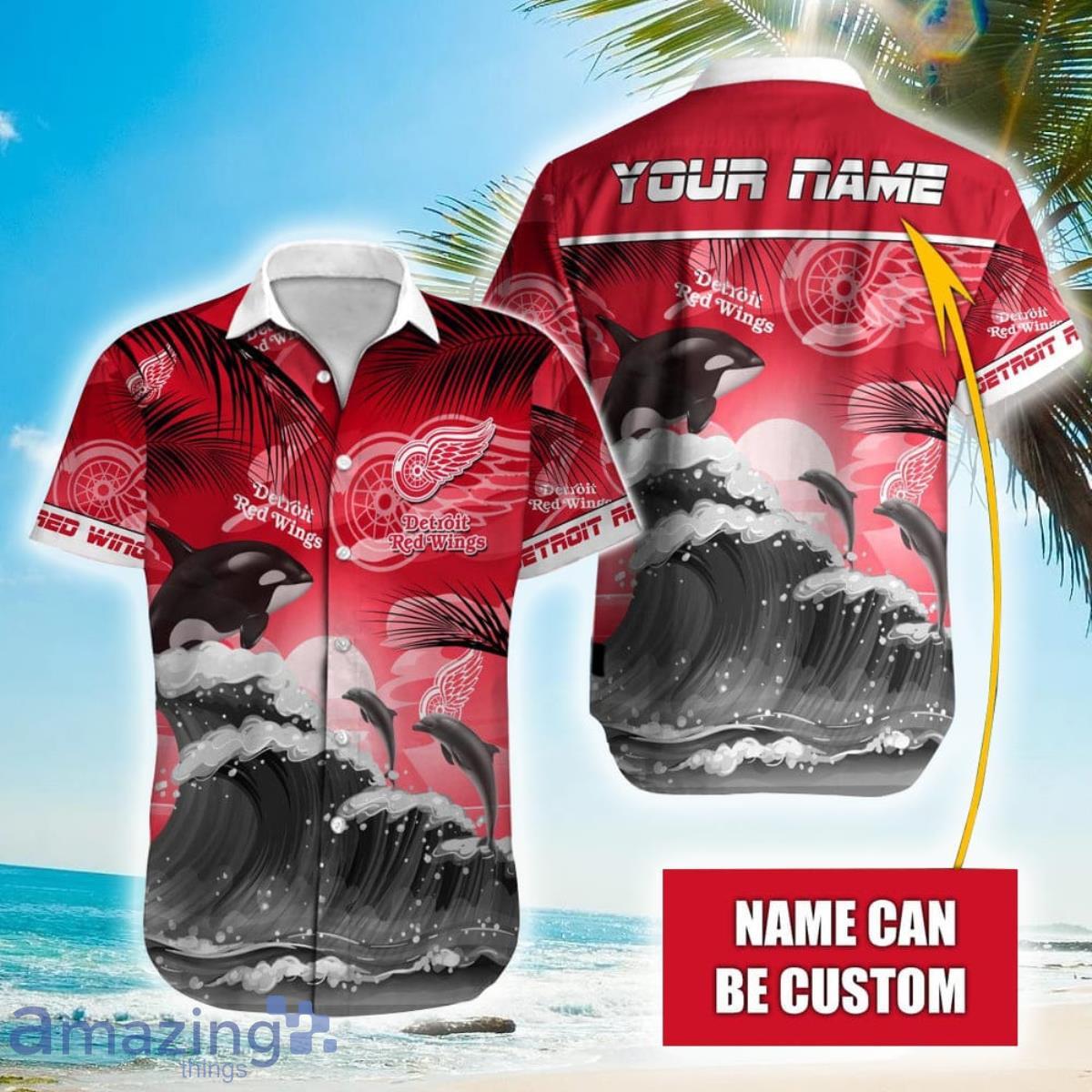 NHL Detroit Red Wings Orca And Waves Hawaiian Shirt Custom Name Product Photo 1