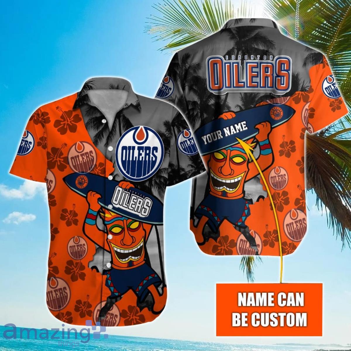 NHL Edmonton Oilers Beach Surfboard Hawaiian Shirt Custom Name Product Photo 1