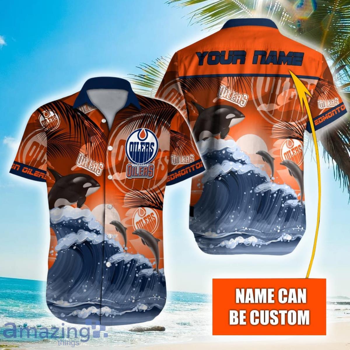 NHL Edmonton Oilers Orca And Waves Hawaiian Shirt Custom Name Product Photo 1
