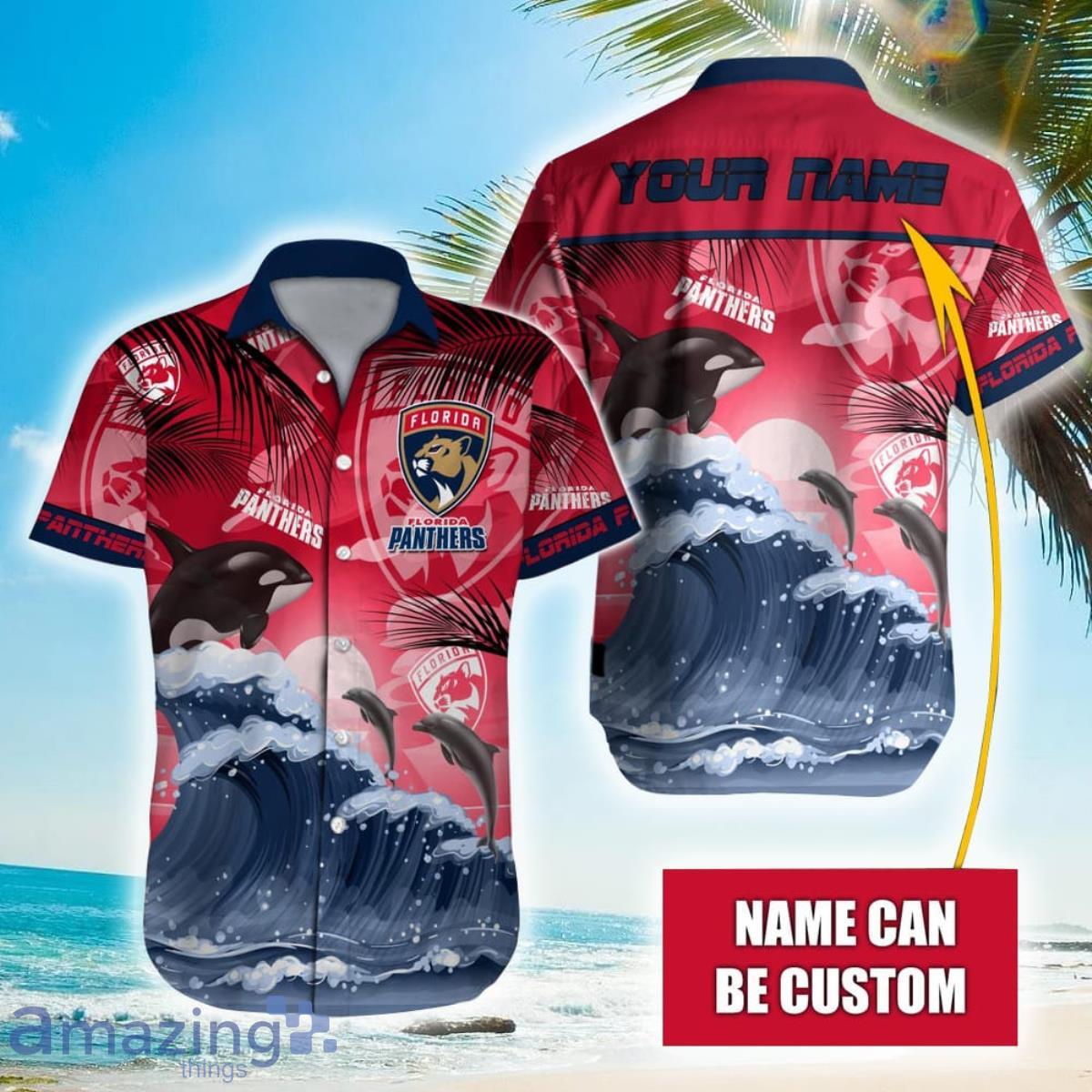 NHL Florida Panthers Orca And Waves Hawaiian Shirt Custom Name Product Photo 1
