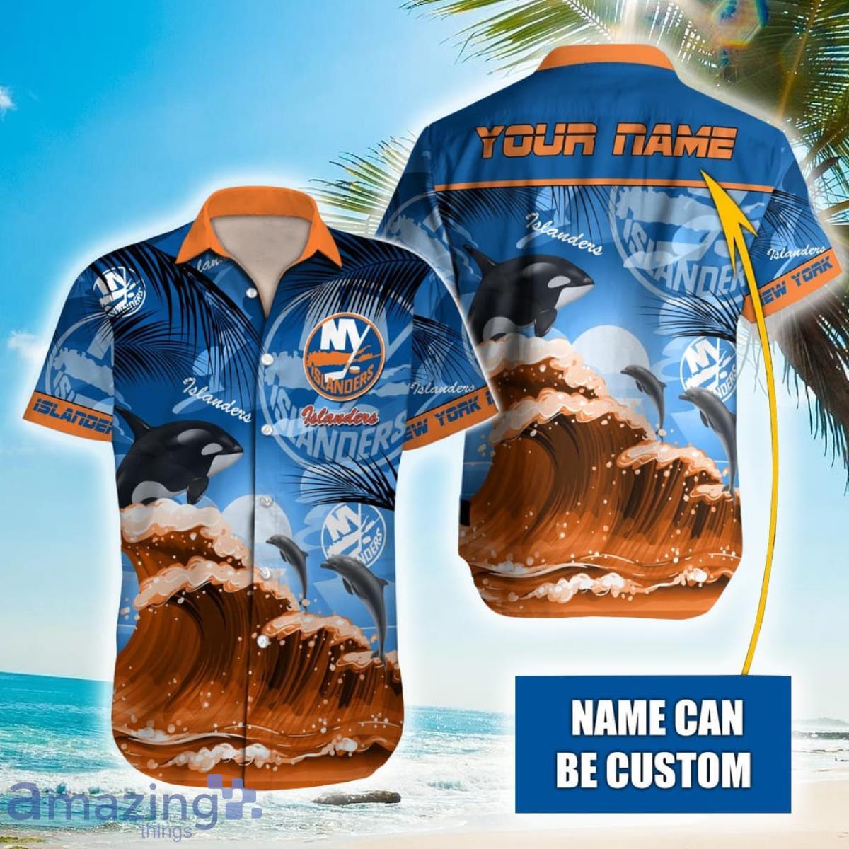 NHL New York Islanders Orca And Waves Hawaiian Shirt Custom Name Product Photo 1