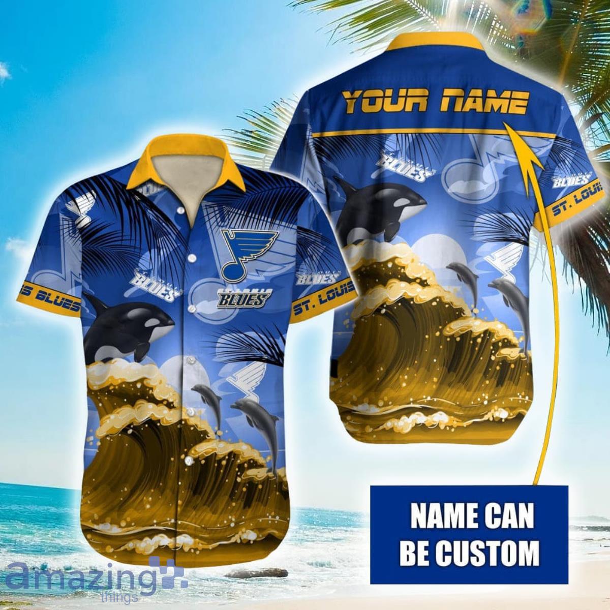 NHL St. Louis Blues Orca And Waves Hawaiian Shirt Custom Name Product Photo 1