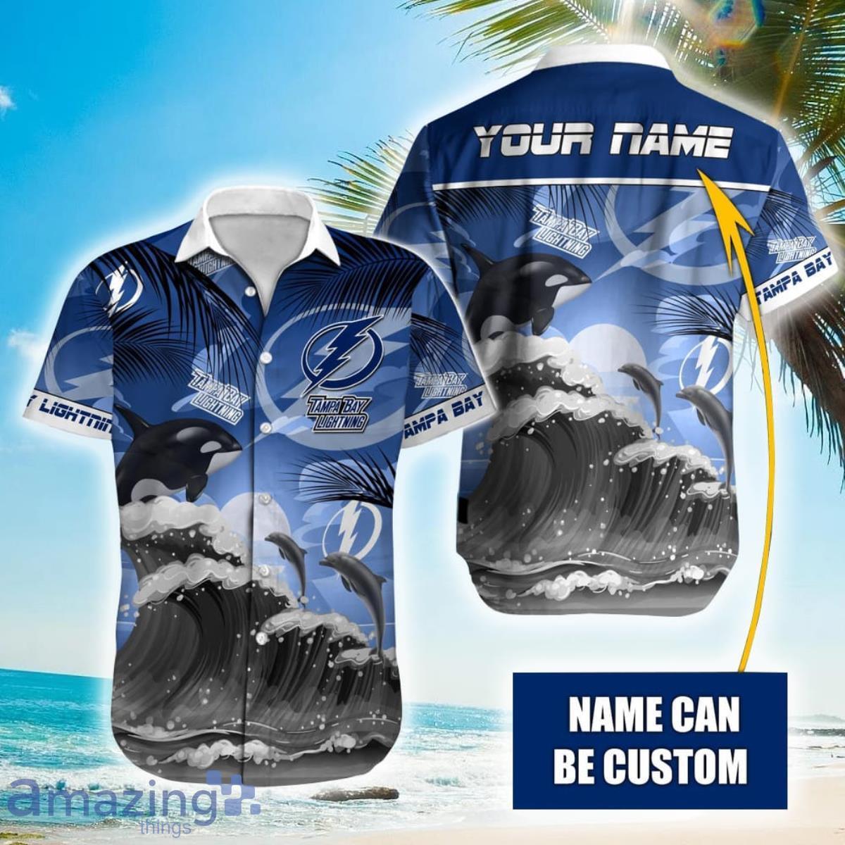 NHL Tampa Bay Lightning Orca And Waves Hawaiian Shirt Custom Name Product Photo 1