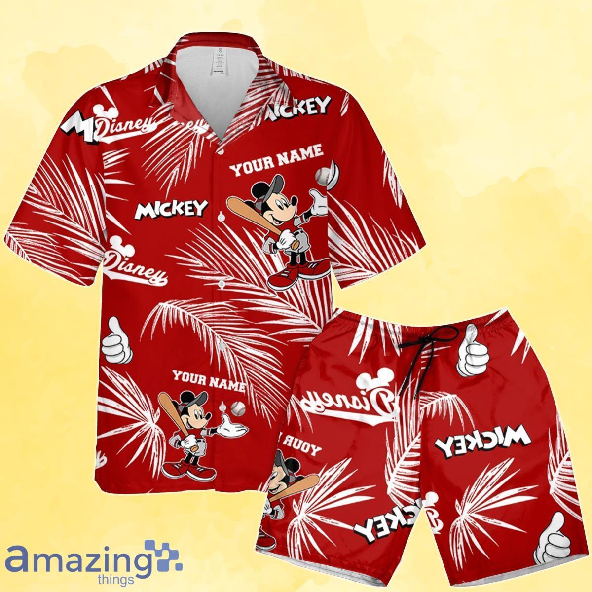 Personalized Mickey Baseball Red Black Hawaiian Palm Leaves Pattern Custom Hawaiian Shirt And Short Product Photo 1
