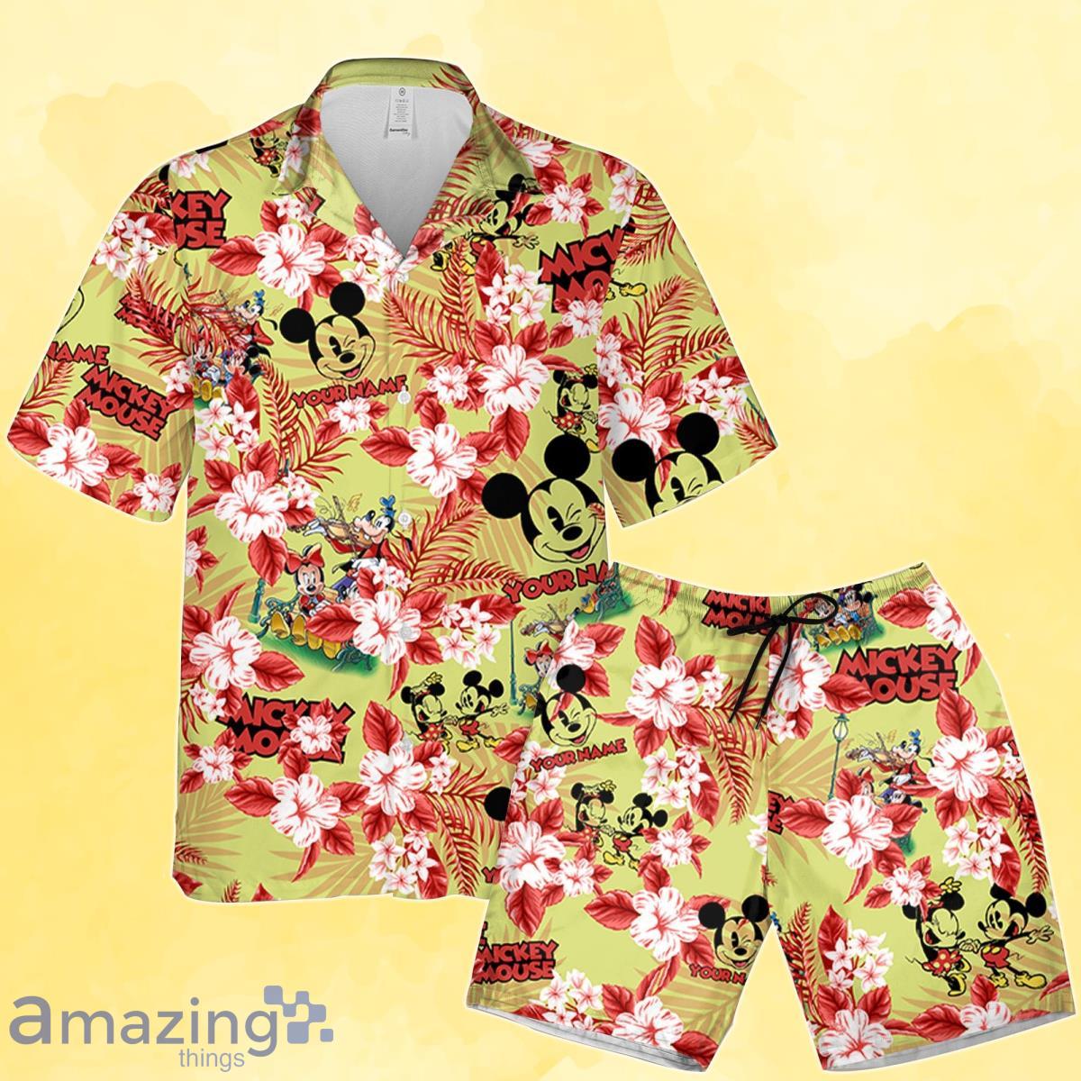 Personalized Mickey Classic Group Green Flowers Pattern Custom Kids And Adult 3D Summer Hawaiian Shirt And Short Product Photo 1
