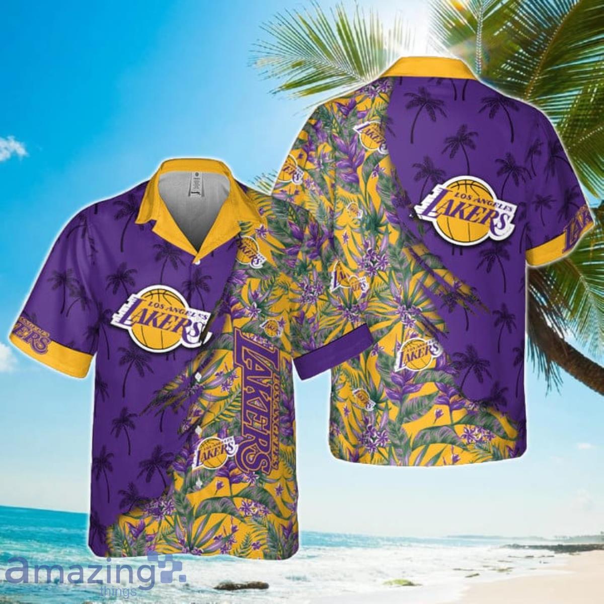 Retro NBA Los Angeles Lakers Tropical Flowers Hawaiian Shirt Product Photo 1