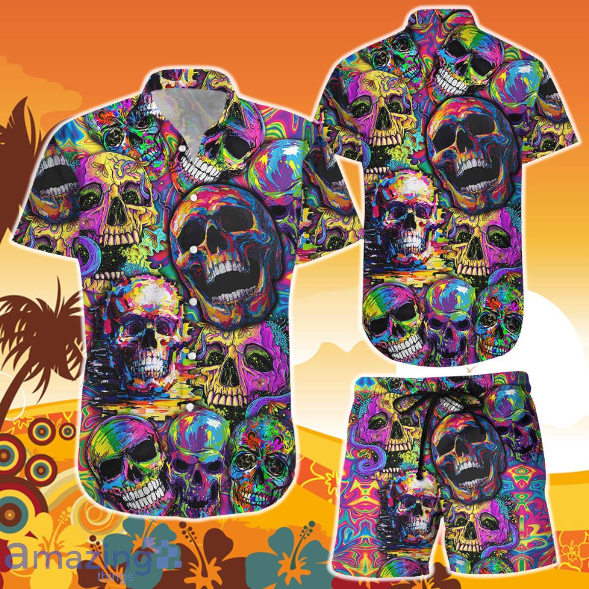 Skull Print Hawaiian Shirt And Short Hippie Painting Skull Button Down Shirts Sugar Skull Gifts Product Photo 1