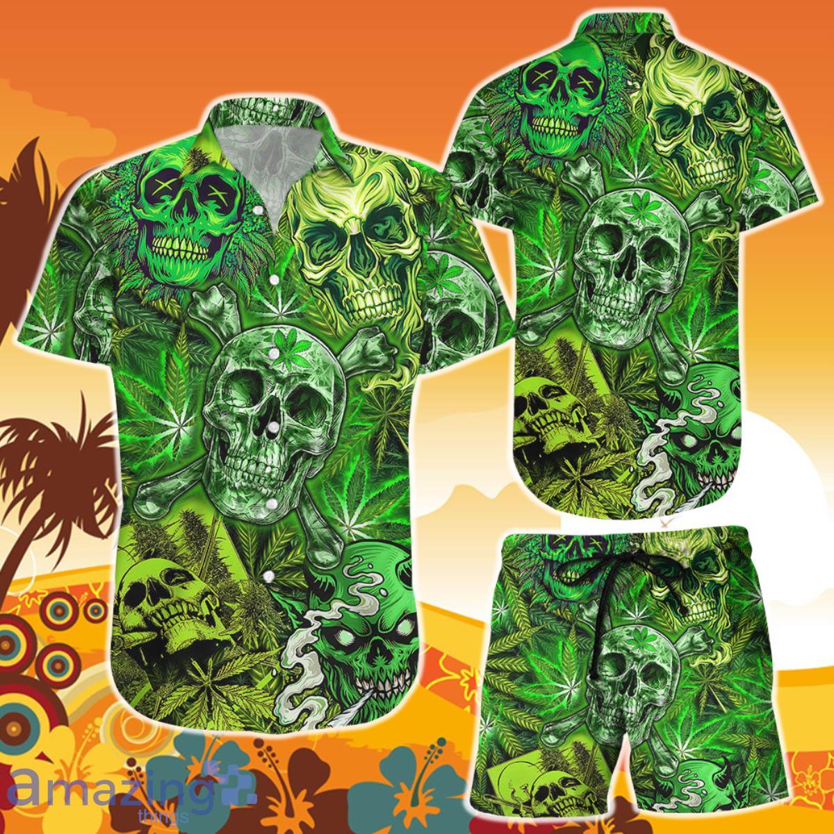 Skull Tropical Hawaiian Shirt And Short Aloha Hippie Skull Life Love Weed Green Unique Skull Gifts Product Photo 1