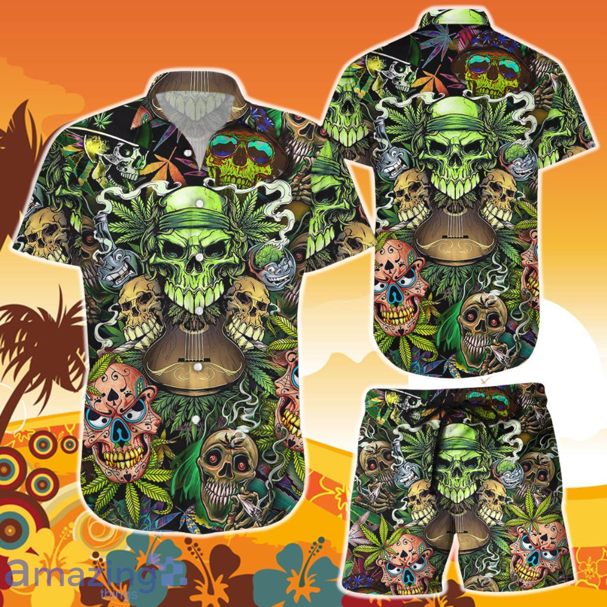Skull Tropical Hawaiian Shirt And Short Green Forest Skull Smoking Trippy Weed Skull Gift Ideas Product Photo 1