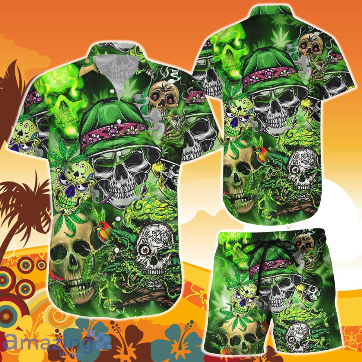 Skull Tropical Hawaiian Shirt And Short Smoking Skull Smile Love Weed Green Aloha Skull Present Ideas Product Photo 1