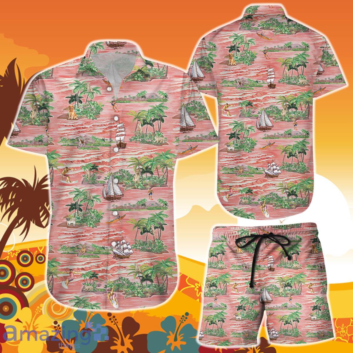 Summer Hawaiian Shirt And Short Dog Boat Surfing Summer Vintage Watercolor Tropical Themed Gift Ideas Product Photo 1