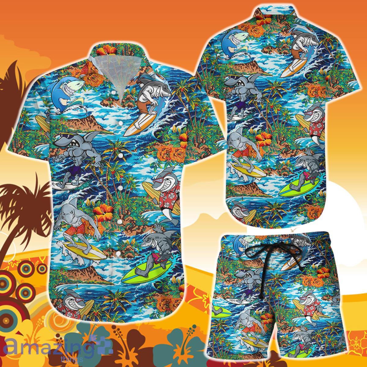 Surfing Hawaiian Shirt And Short Surfing Shark Tropical Island Beach Aloha Gift Ideas For Shark Lovers Product Photo 1