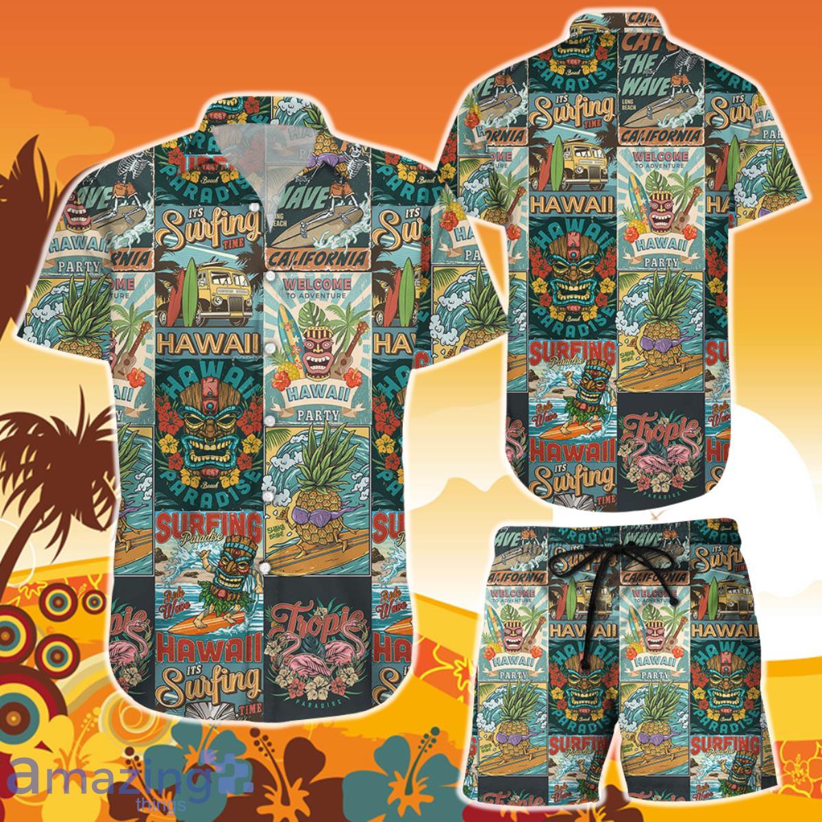 Surfing Hawaiian Shirt And Short Surfing Tiki Summer Party Vintage Beach Vacation Themed Gifts Product Photo 1