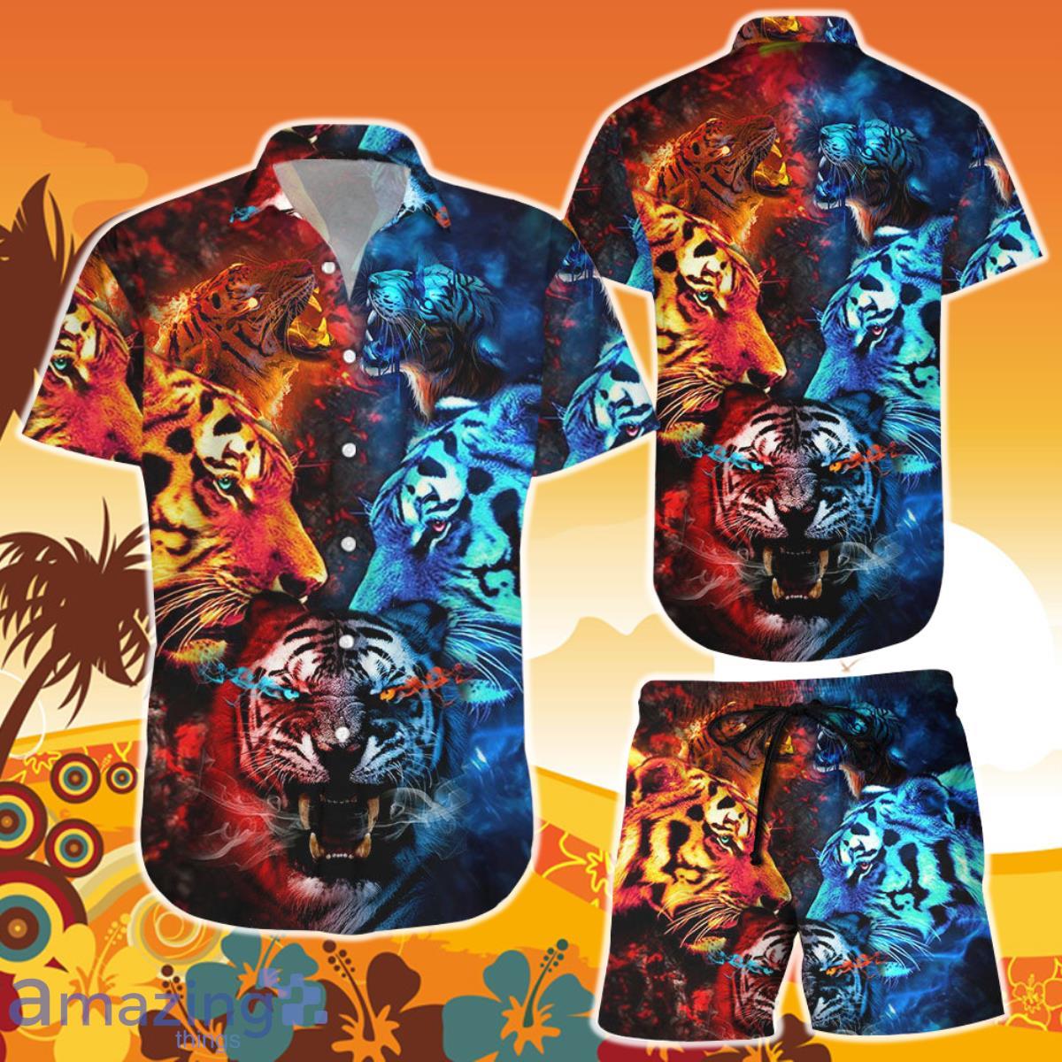 Tiger Hawaiian Shirt And Short Colorful Tiger Fight Button Down Shirt Beach Themed Gifts For Men Product Photo 1