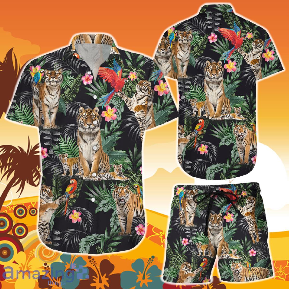 Tiger Hawaiian Shirt And Short Tiger And Parrot Tropical Button Down Shirts Gifts For Tiger Lovers Product Photo 1