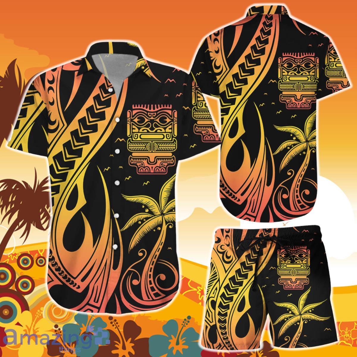 Tiki Hawaiian Shirt And Short Black And Yellow Maori Tiki Tattoo Polynesian Gift Ideas Product Photo 1