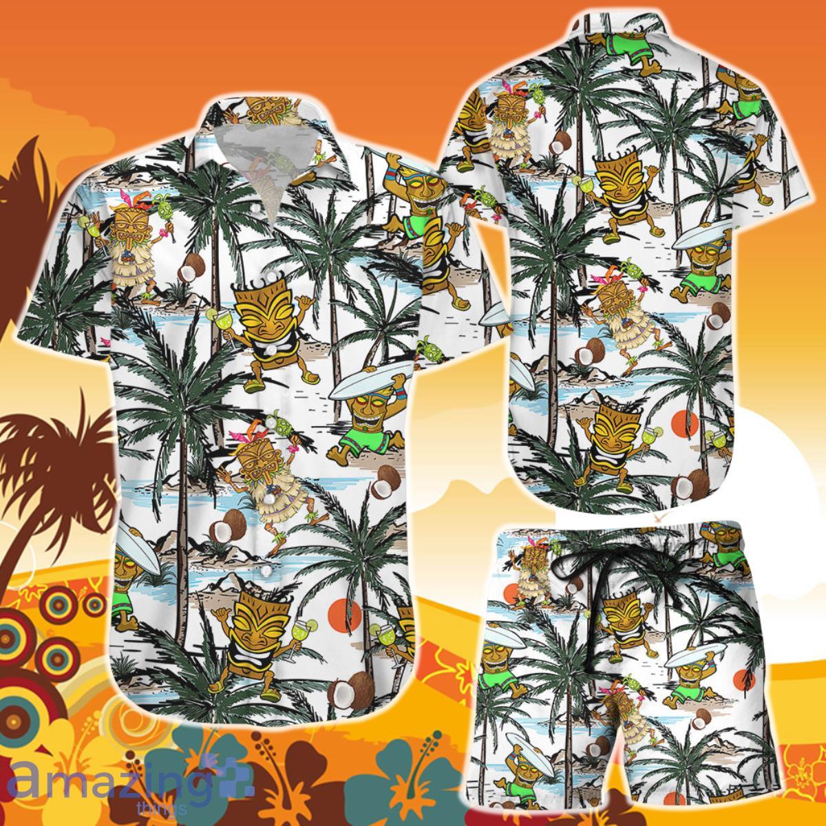 Tiki Hawaiian Shirt And Short Funny Tiki Romping With Coconut Tree Tropical Themed Gifts Product Photo 1
