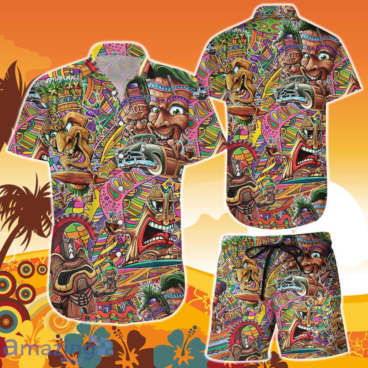 Tiki Hawaiian Shirt And Short Surfing Tiki Colourful Button Down Shirts Tropical Themed Gift Ideas Product Photo 1