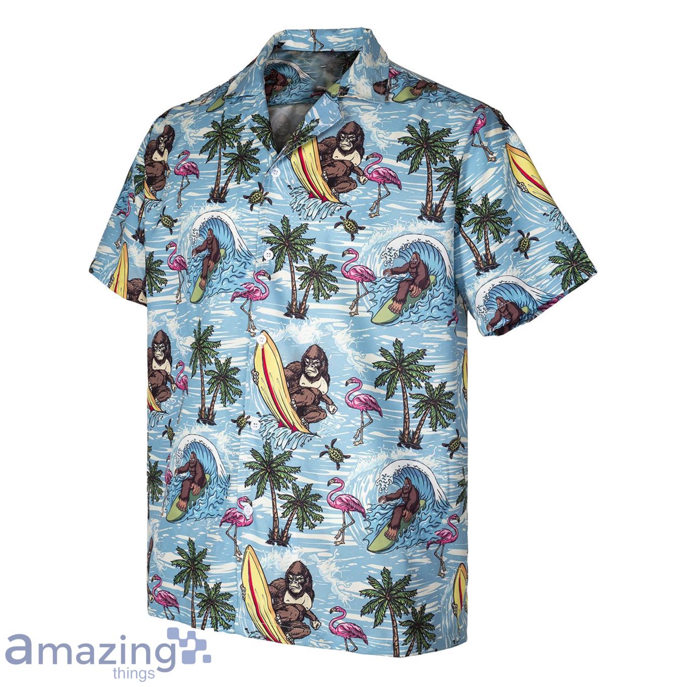 3D god zilla Loves Surfing Flamingo Short Sleeve Summer Beach Hawaiian Product Photo 1