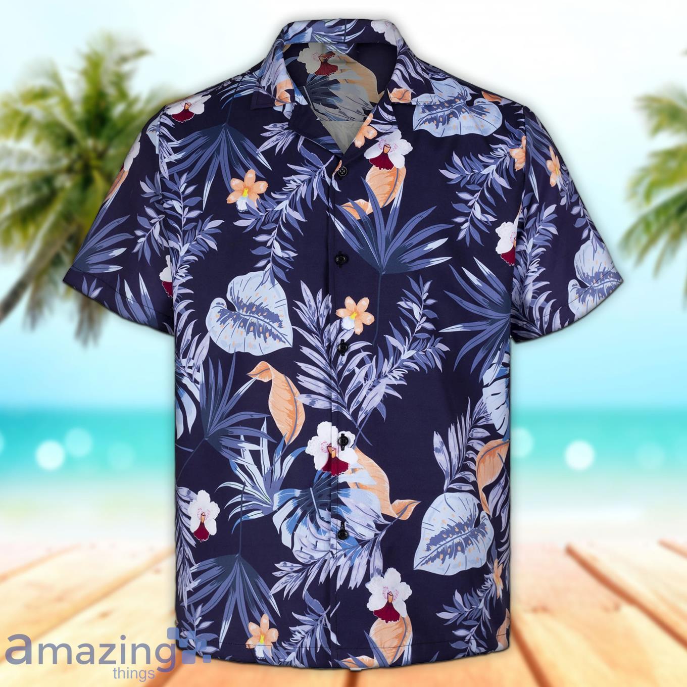 3D Navy Color Flower And Leaves Short Sleeve Summer Beach Product Photo 1