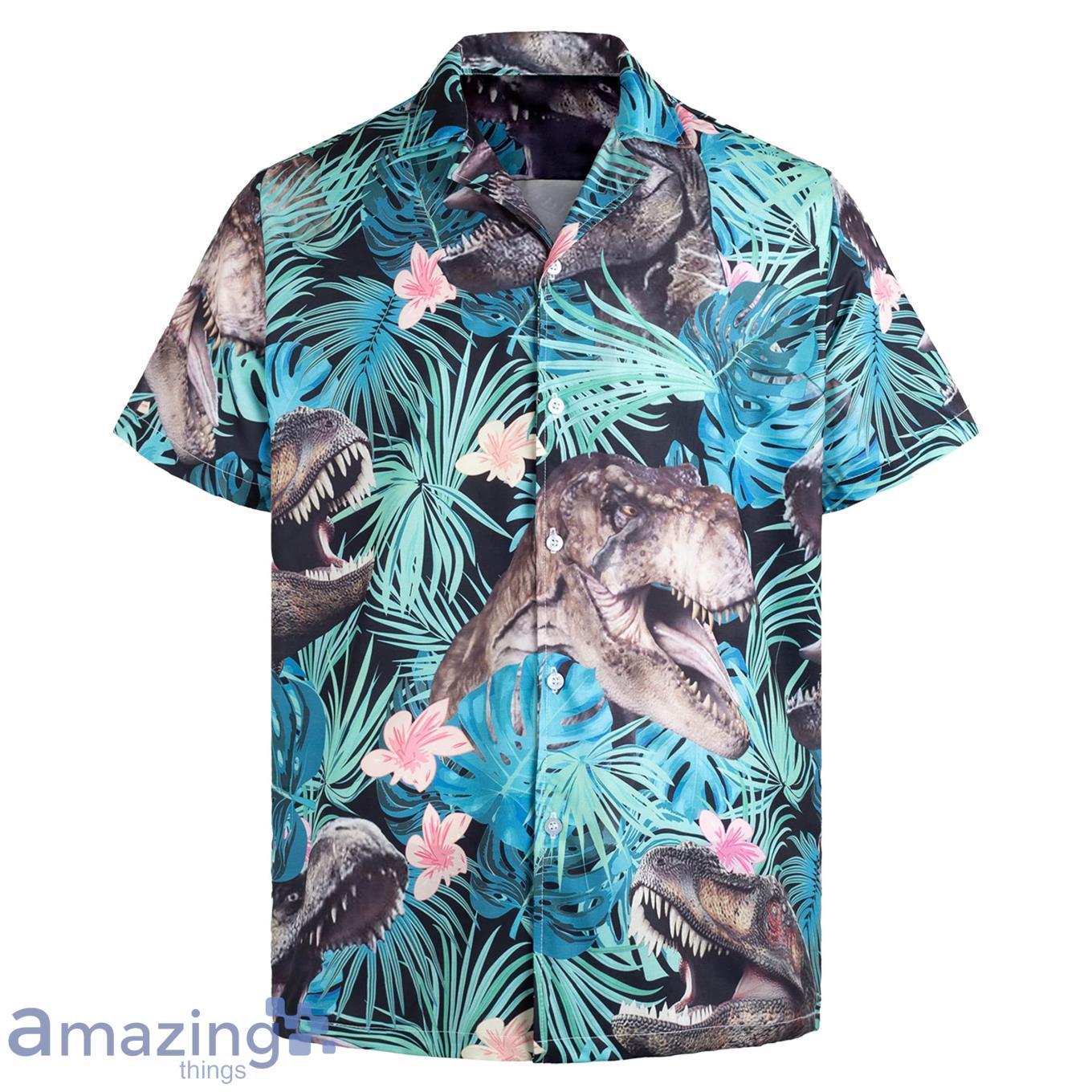 3D Wild T rex And Green Floral Short Sleeve Summer Beach Hawaiian Product Photo 1