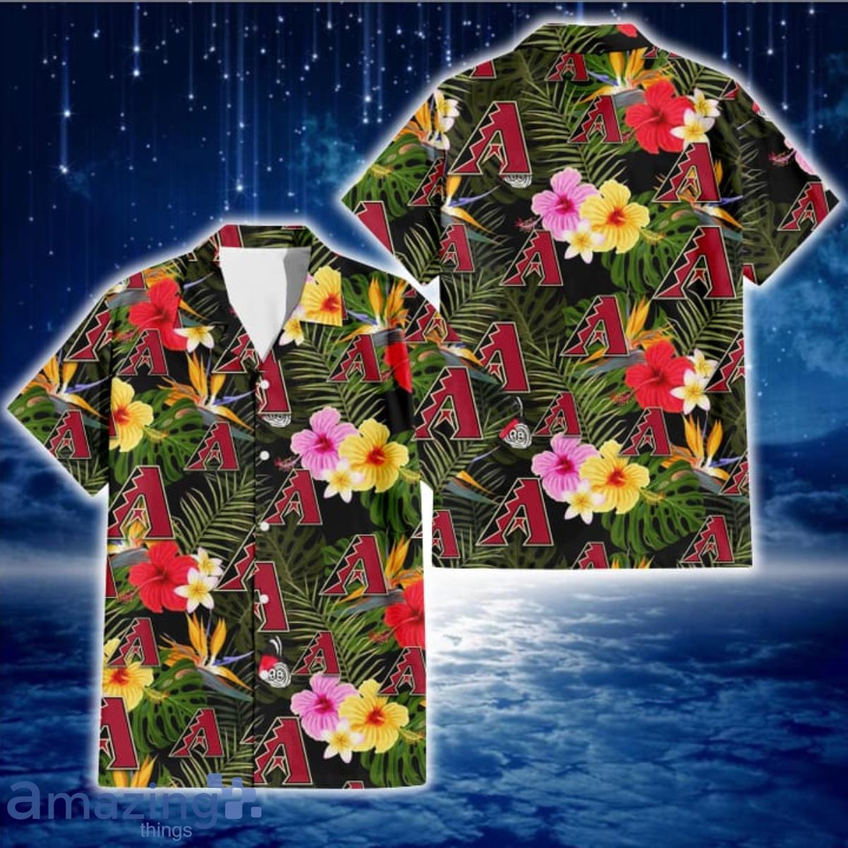 Arizona Diamondbacks Coral Hibiscus Green Banana Leaf Black Background 3D Hawaiian  Shirt Gift For Fans
