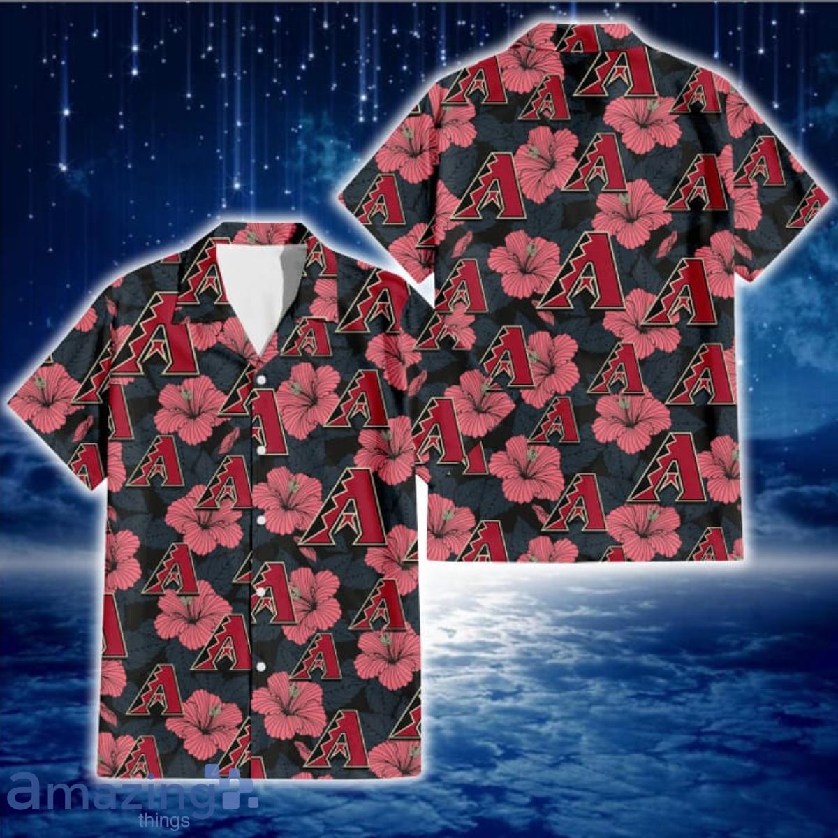 Arizona Diamondbacks Light Coral Hibiscus Gray Leaf Black Background 3D Hawaiian Shirt Gift For Fans Product Photo 1