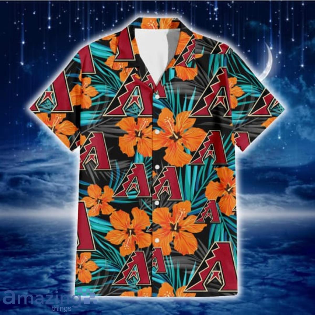 Arizona Diamondbacks Purple Hibiscus Neon Leaf Orange Background 3D  Hawaiian Shirt Gift For Fans