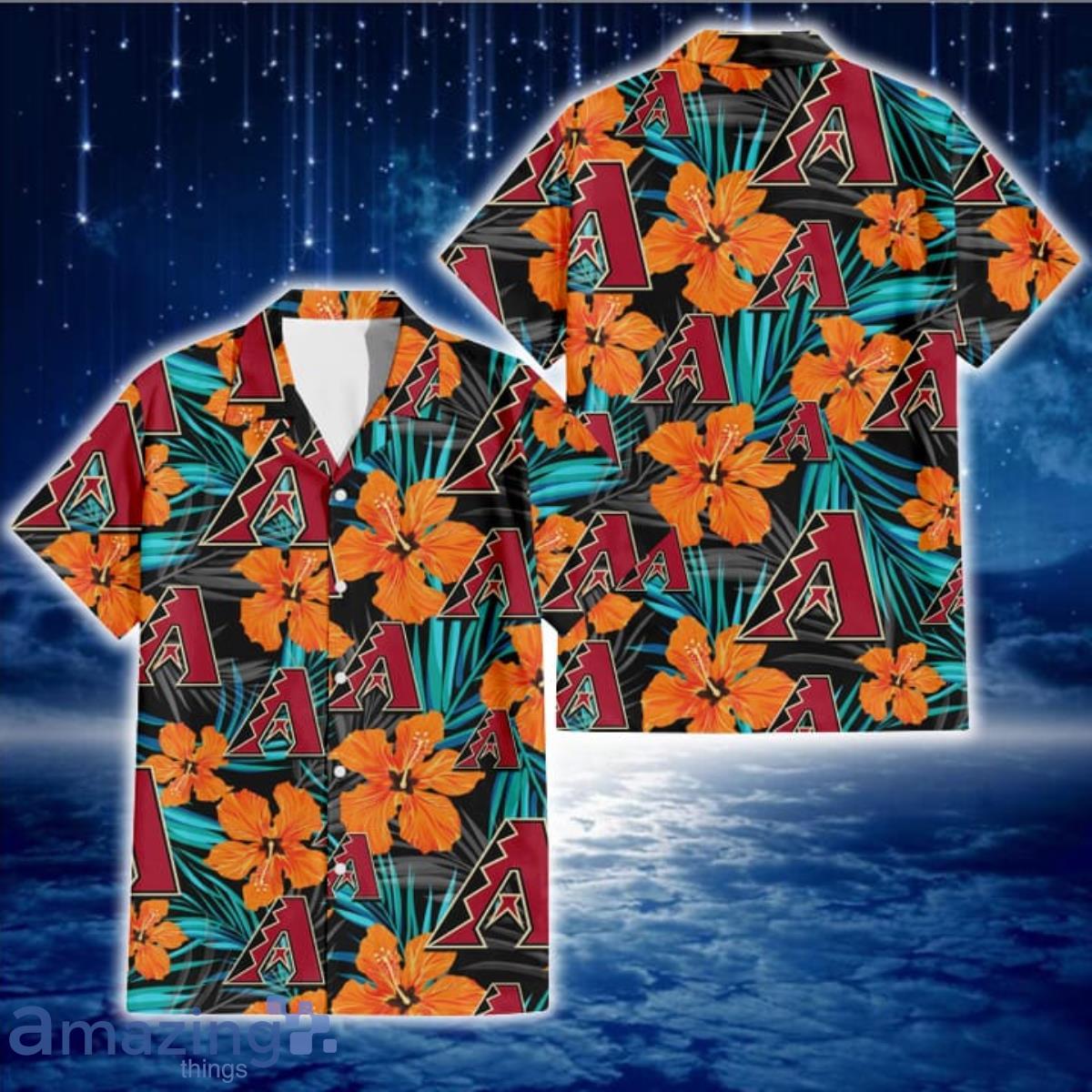 Arizona Diamondbacks Purple Hibiscus Neon Leaf Orange Background 3D  Hawaiian Shirt Gift For Fans