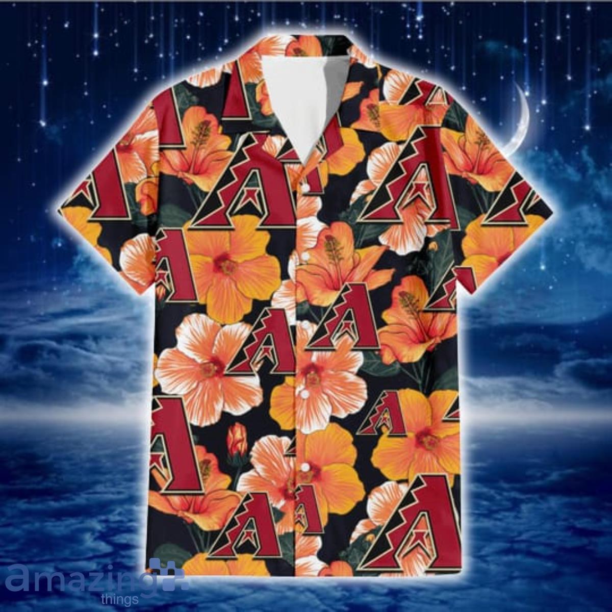 Arizona Diamondbacks Purple Hibiscus Neon Leaf Orange Background 3D  Hawaiian Shirt Gift For Fans