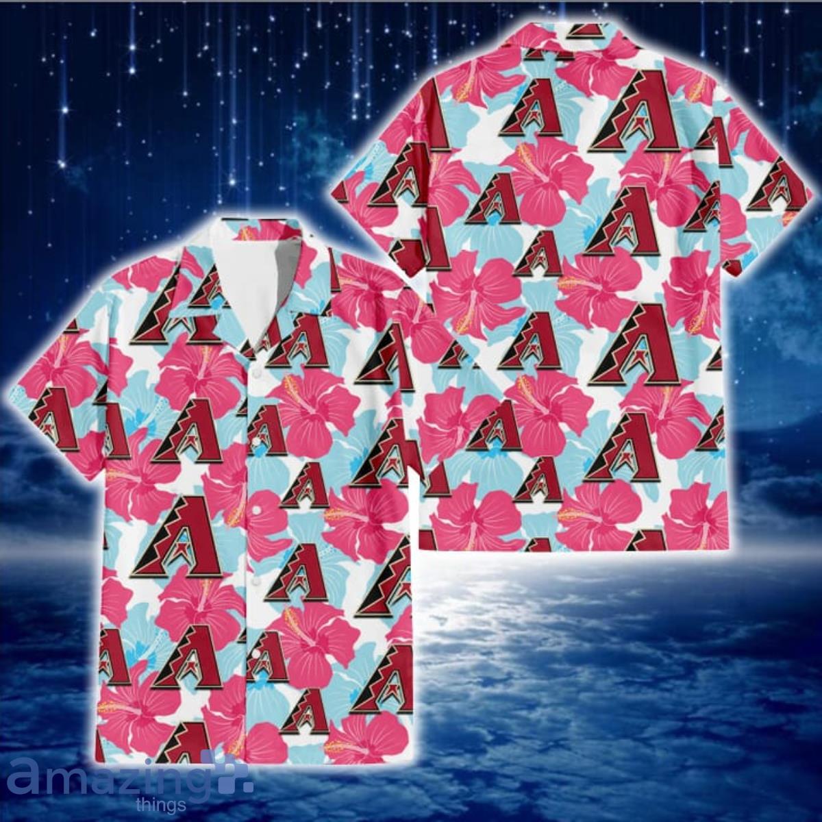Arizona Diamondbacks Pink Blue Hibiscus White Background 3D Hawaiian Shirt Gift For Fans Product Photo 1